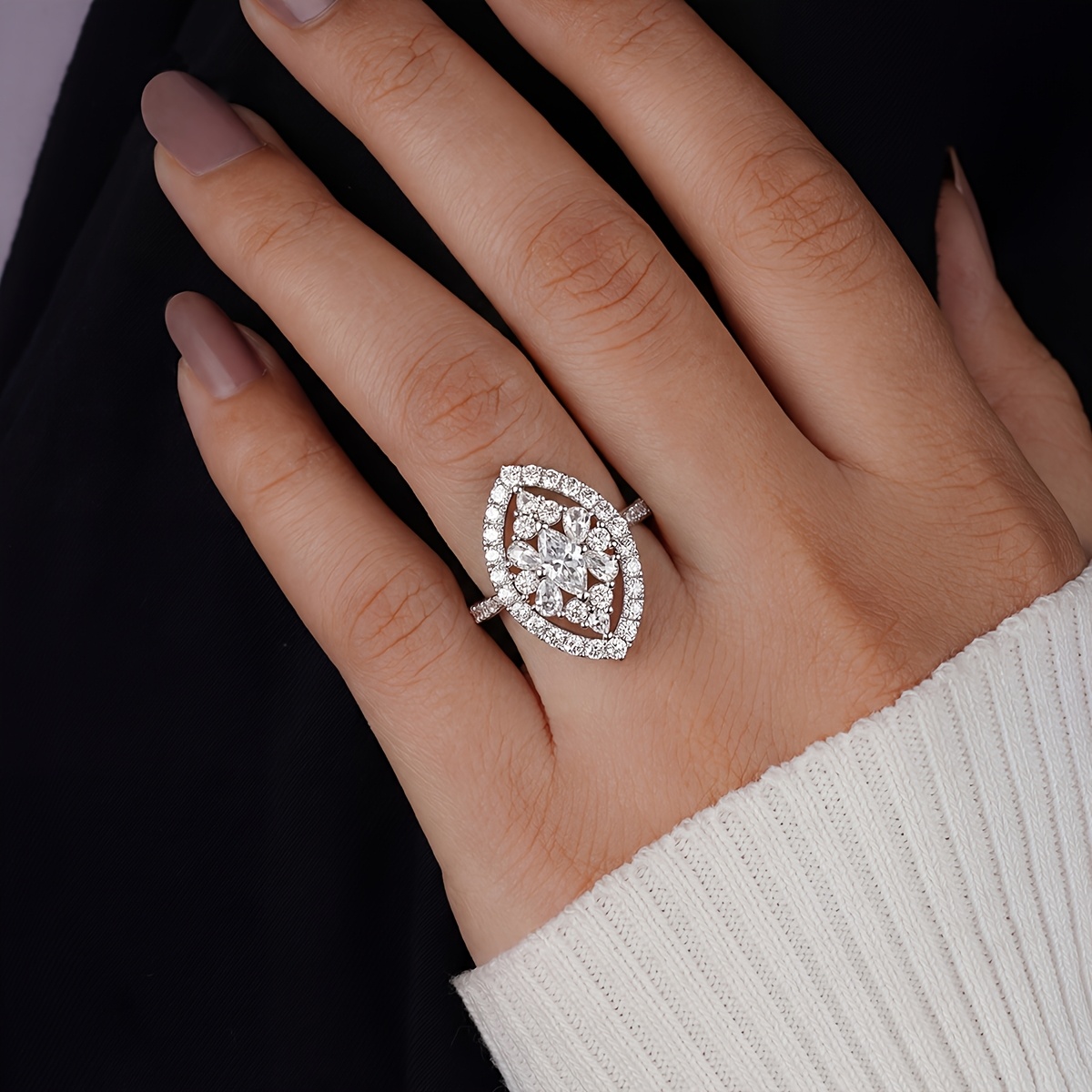 Women's Elegant Marquise Geometric Floral Ring, Perfect Gift